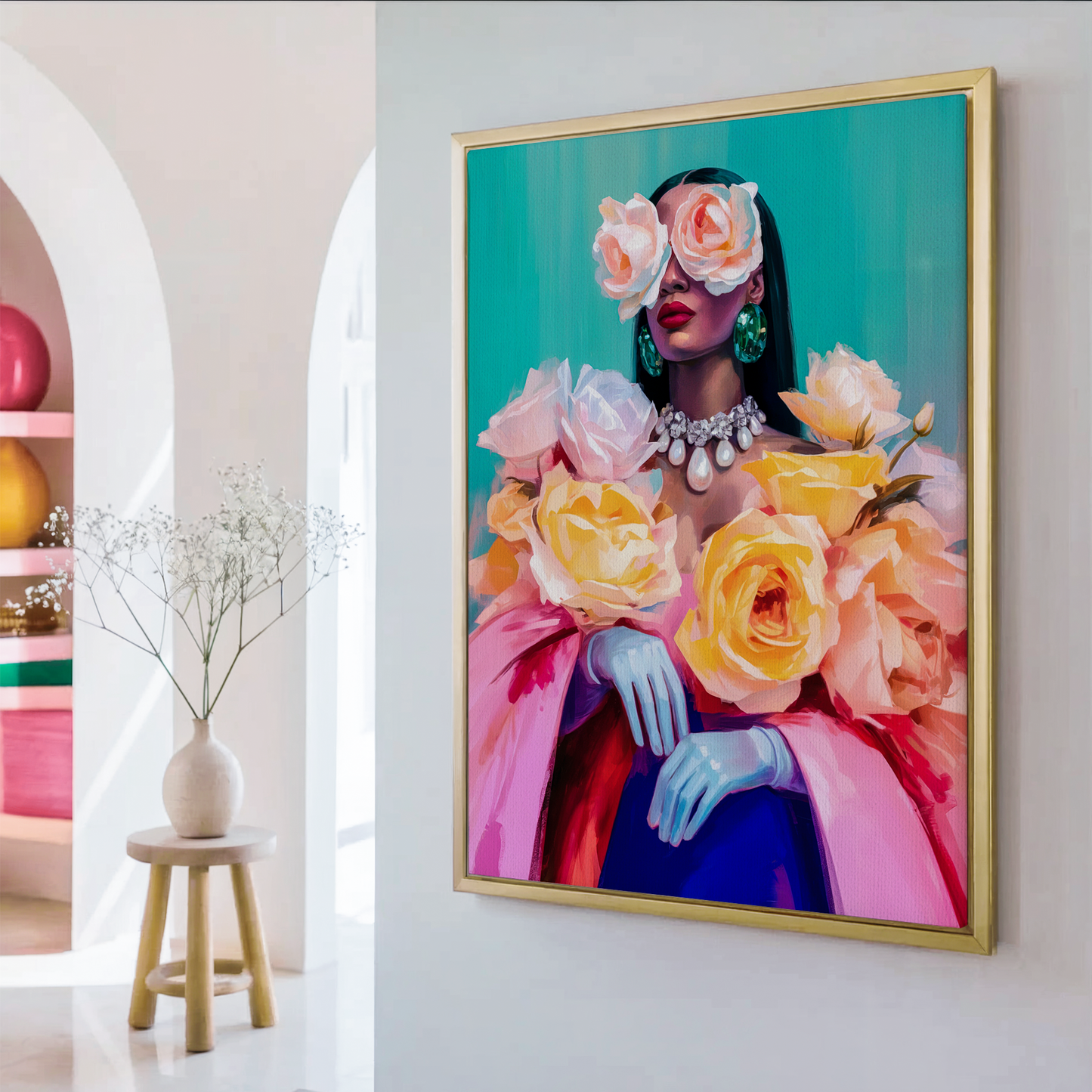 Blooming Power – Women’s Empowerment Series | Floral Portrait Canvas Print, Contemporary Colorful Oil Painting Wall Art