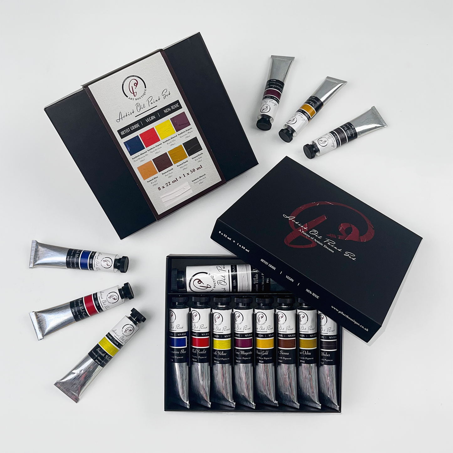 non-toxic and vegan oil paint set with paint tubes and a colour swatch on a white background