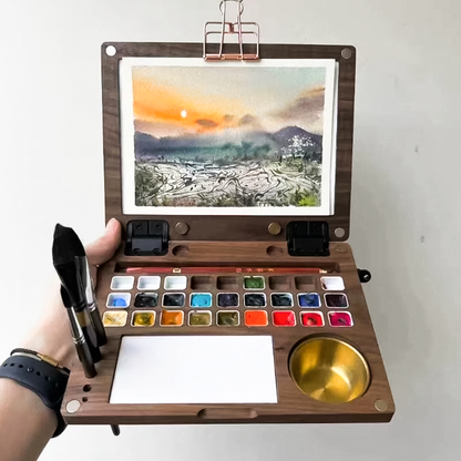 Portable Wooden Painting Box with magnetic closures, built-in palette, brush holders, and clip for secure paper handling, crafted from high-quality wood for artists and students.