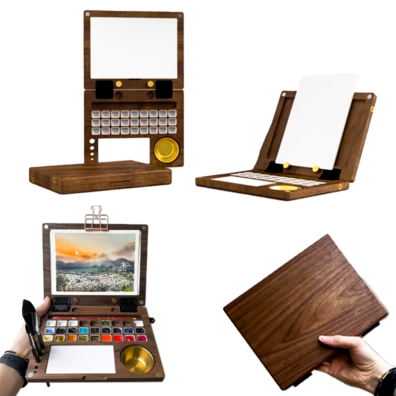 Portable Wooden Painting Box with magnetic closures, built-in palette, brush holders, and clip for secure paper handling, crafted from high-quality wood for artists and students.