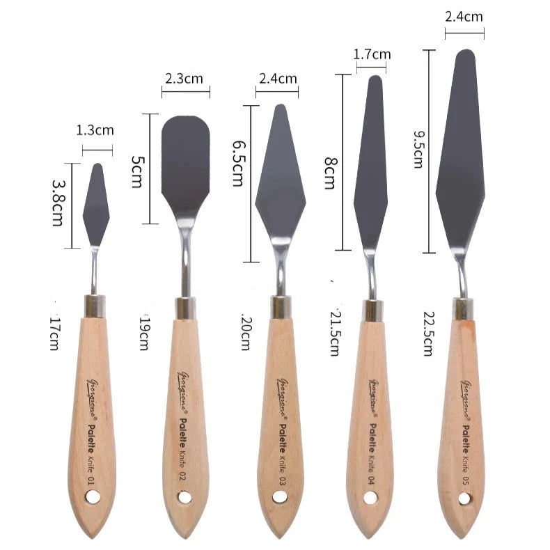 5-piece Stainless Steel Artist Palette Knife Set with high-elastic stainless steel blades and wooden handles, ideal for mixing colours and applying paint with precision and control.