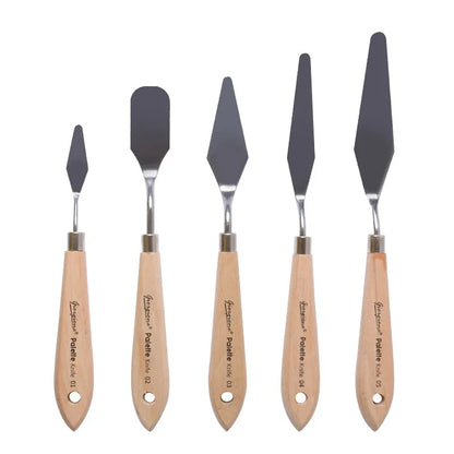 5-piece Stainless Steel Artist Palette Knife Set with high-elastic stainless steel blades and wooden handles, ideal for mixing colours and applying paint with precision and control.