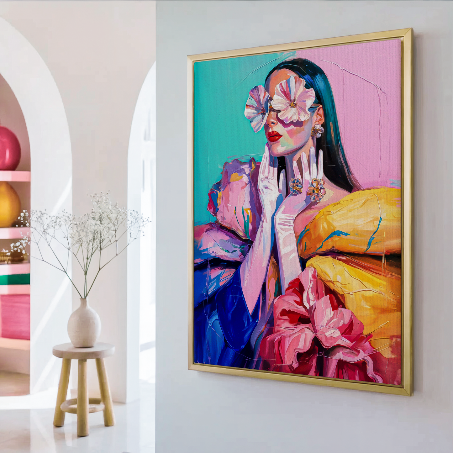 Blooming Dreams – Women’s Empowerment Series | Floral Portrait Canvas Print, Contemporary Colorful Oil Painting Wall Art