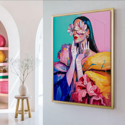 Blooming Dreams – Women’s Empowerment Series | Floral Portrait Canvas Print, Contemporary Colorful Oil Painting Wall Art