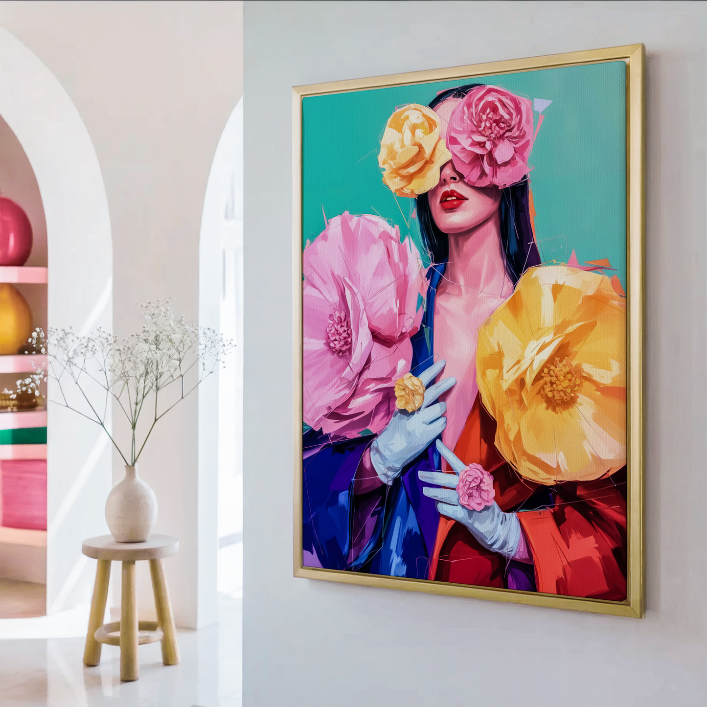 Blooming Grace – Women’s Empowerment Series | Floral Portrait Canvas Print, Contemporary Colorful Oil Painting Wall Art